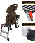 Beast Mode Rugged Aluminum Work Platform showing a 660 lbs capacity with elephant, foldable step stool, non-slip mat