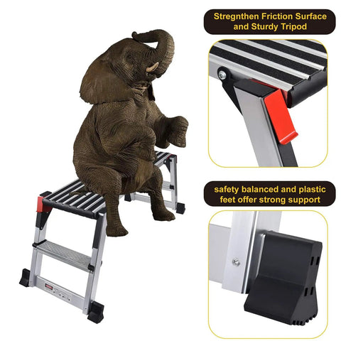Beast Mode Rugged Aluminum Work Platform showing a 660 lbs capacity with elephant, foldable step stool, non-slip mat