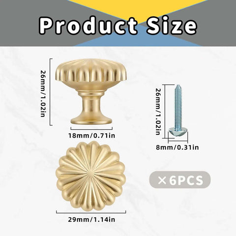 Six Pack Gold Pumpkin Shaped Cabinet Knobs With Screws, Vintage Zinc Alloy Drawer Pulls, 29mm dia, 26mm tall
