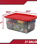 Kickass Clear Plastic Storage Bins Pair 27 Gallon Stackable Totes With Red Snap On Lids And Built In Handles showing dimensions 30.6" x 20.6" x 14.3"