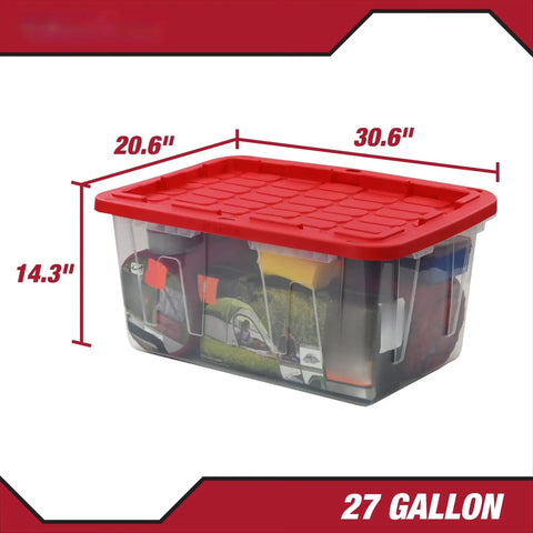 Kickass Clear Plastic Storage Bins Pair 27 Gallon Stackable Totes With Red Snap On Lids And Built In Handles showing dimensions 30.6" x 20.6" x 14.3"