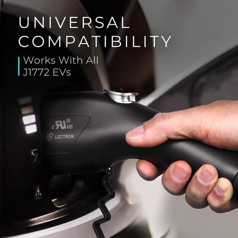 Hand holding Dual Level Portable EV Charger For J1772 Vehicles With 8 To 40 Amp Output NEMA 14 50 And NEMA 5 15 Plugs