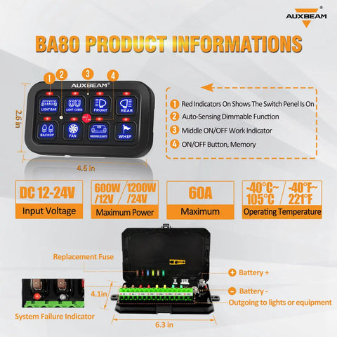 8 Gang Switch Panel BA80 Universal Circuit Control Relay Box With LED Indicators and Specs for Cars Trucks Boats UTV ATVs
