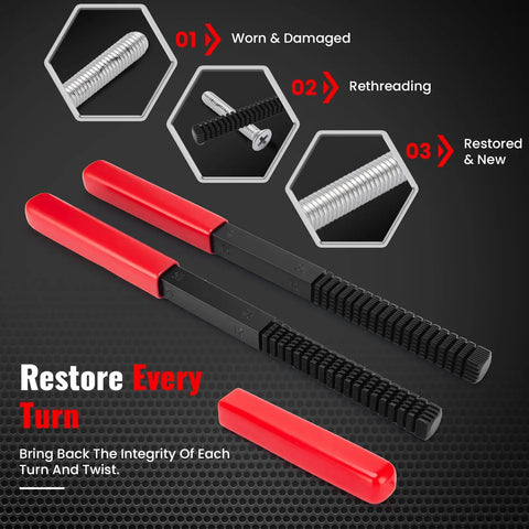 Close-up of Garage Pro 48 Piece Thread Chaser Set Thread Repair Kit with two red-handled thread files shown.