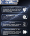 Features of Horex Lithium Grease including corrosion resistance, noise reduction, low odor, and instrument stability.