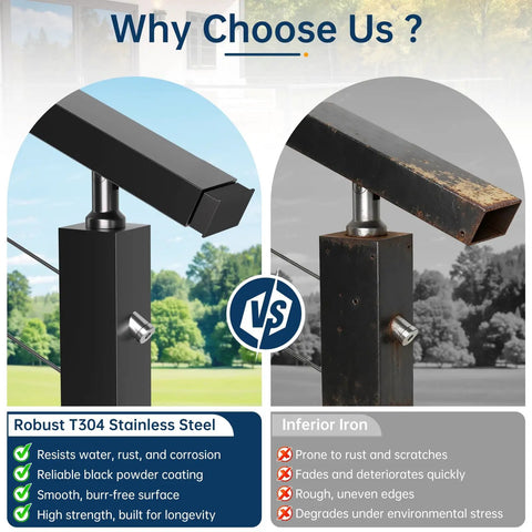 Heavy Duty Matte Black Stainless Steel Cable Railing Handrail Kit With Pom Connectors 12 Foot Guardrail System For Decks And Stairs No Sweat Install Bulletproof Build Clean Lines For Any Backyard Vibe comparison between sturdy matte black stainless steel and rusty iron handrails.