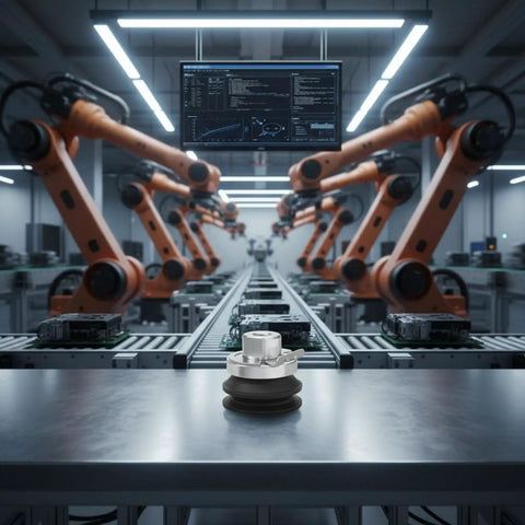 Heavy Duty Vacuum Manipulator Robotic Arm With Bellows Suction Cup on a factory table among robotic arms.