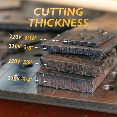 Four metal sheets with marked cutting thickness of 3/16, 3/8, 5/8, and 3/4 inches for Plasma Cutter With Non Touch Pilot Arc, Dual Voltage 110/220V, 50 Amp Inverter, Large LED Display, IGBT Tech, Cleans Thick Metal Up To One Half Inch At 110V And Up To Three Quarters Inch At 220V, 20 To 50 Amp Range For Home Garage.