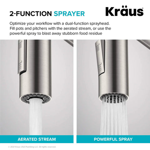 Oletto Commercial Style Pull Down Kitchen Faucet With QuickDock Top Mount, aerated stream and powerful spray modes shown.