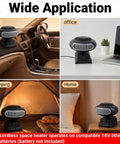Cordless Battery Powered Space Heater 170 Watt Portable Desk Warmer with dual temp settings in car, office, camping, and home.
