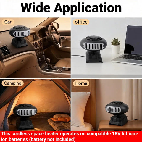Cordless Battery Powered Space Heater 170 Watt Portable Desk Warmer with dual temp settings in car, office, camping, and home.
