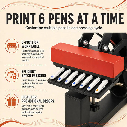 ErShangMao 350w Electric Pen Heat Press Machine With Six Position Aluminum Platen showcasing six pens in alignment for efficient printing.