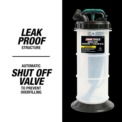 Manual Fluid Extractor Pump For Oil, Coolant, And Transmission Fluid, 1.4 Gallon Capacity, Hand Pump with shut-off valve.