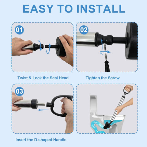 Installation guide for Heavy Duty Toilet Plunger And High Pressure Drain Gun With Pipe Auger Set, showing quick steps to use.