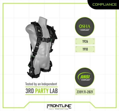 Fall Protection Vest Style Elite Harness With Aluminum Hardware Size XL to 2XL on mannequin, OSHA and ANSI compliant