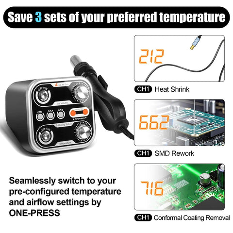 All In One Hot Air Rework And Soldering Station With 760W High Power, Digital LED Display, showing 3 preset temperatures for SMD PCB repair