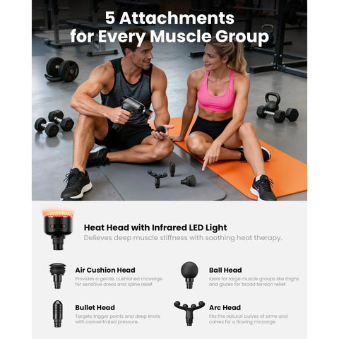 Two athletes using T2 Ultra Percussion Massage Gun With Heated Infrared Red LED Therapy For Deep Tissue Muscle Recovery, showing attachments for various muscle groups.