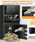 5.6 Cu Ft Large Drop Safe Box For Biz With Quick Drop Slot Anti Theft Money Safe Digital Keypad Spare Key Heavy Duty Cash Depository Safe with open drawer and money.