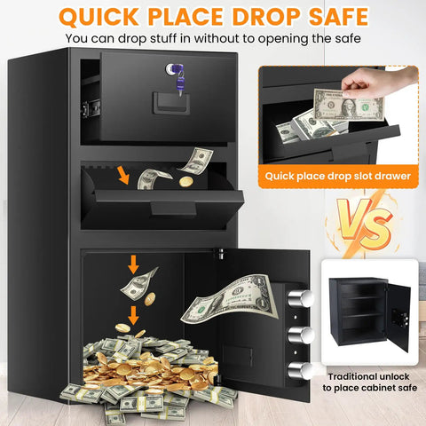 5.6 Cu Ft Large Drop Safe Box For Biz With Quick Drop Slot Anti Theft Money Safe Digital Keypad Spare Key Heavy Duty Cash Depository Safe with open drawer and money.
