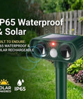 Solar Ultrasonic Outdoor Animal Deterrent With Motion Sensor IP65 Waterproof Garden Repeller Scares Squirrels Dogs Raccoons Skunks Rabbits Coyotes Deer From Your Yard Humane Solar Powered Yard Protection, green mounted unit