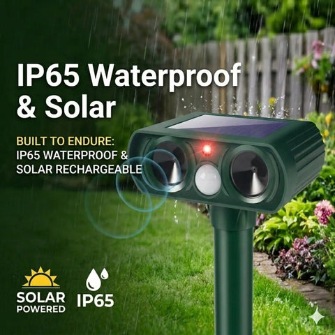 Solar Ultrasonic Outdoor Animal Deterrent With Motion Sensor IP65 Waterproof Garden Repeller Scares Squirrels Dogs Raccoons Skunks Rabbits Coyotes Deer From Your Yard Humane Solar Powered Yard Protection, green mounted unit