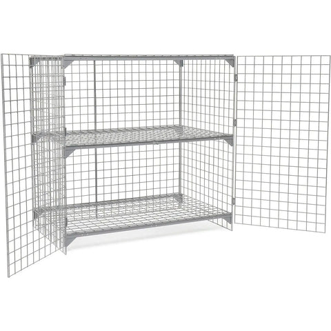 Heavy Duty Wire Mesh Security Locker Two Door Build With Height Adjustable Shelf And Padlock Compatible Latch Rock Solid Construction No Fuss Setup Ample Storage Space Gray, featuring dual doors and three shelves.