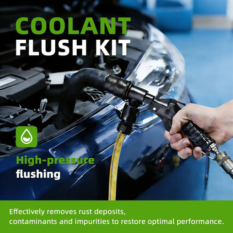 Slick Lever Action Coolant Flush Gun And Solid Heater Core Flush Kit With Universal Hose Adapters for engine flushing.