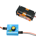 Servo Motor Tester Kit With 9G 180 Degree Servo RC Servo Tester, including blue controller and 4 AA battery holder, top view.