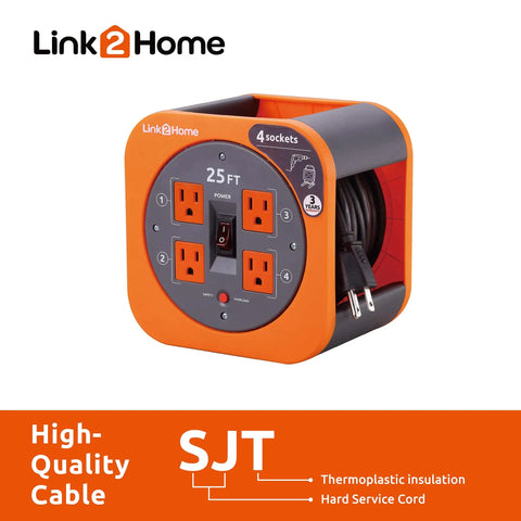 Heavy Duty 25 Foot Cord Reel With Four Outlets Extension Cord 16 AWG SJT Cable Built In Circuit Breaker Overload Protection