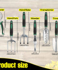 11-Piece Garden Tools Set For Women And Men With Heavy Duty Aluminum Hand Tools Apron And Storage Tote Bag All In One Planting Kit For Weeding Transplanting Pruning Raking Watering And More, including pruner, hand fork, hand rake, weeder, transplanter, and trowel with size details shown.