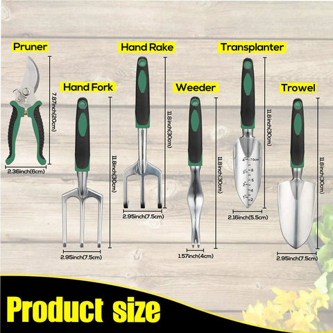 11-Piece Garden Tools Set For Women And Men With Heavy Duty Aluminum Hand Tools Apron And Storage Tote Bag All In One Planting Kit For Weeding Transplanting Pruning Raking Watering And More, including pruner, hand fork, hand rake, weeder, transplanter, and trowel with size details shown.