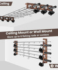 Six Rod Capacity Wooden Fishing Rod Holder Wall Or Ceiling Mount for Garage Boat Cabin Tackle Storage, displaying two mounting options.