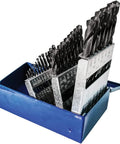 Top Tier 29 Piece Black Oxide Twist Drill Bit Set Built Like A Tank With Badass M2 Steel in organized blue rack for precision drilling.