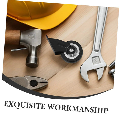 Four Piece Heavy Duty Sliding Door Roller Wheels And Rock Solid Side Mount Casters For Barn Doors Cabinets And Furniture Featuring An Adjustable Trolley Pulley Kit on a workbench with tools.