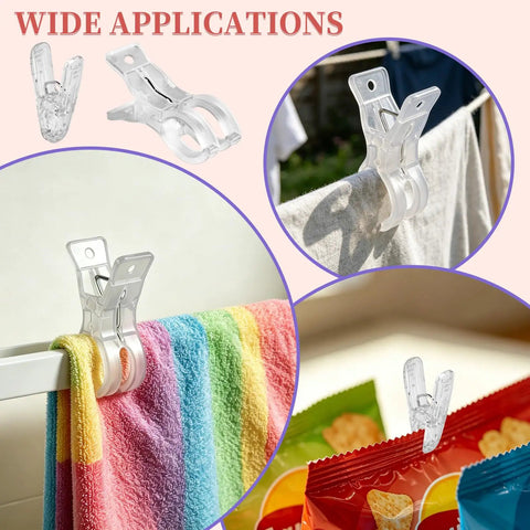 Clear Balloon Arch Clips Set With 10 Large Transparent Spring Clips And 12 Smaller Clamps holding towels and snacks