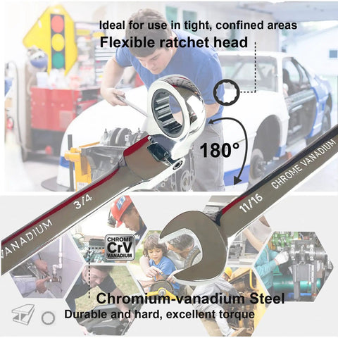 Mechanic using SAE Flex Head Ratcheting Wrench Set One Quarter Inch To Three Quarter Inch Go-To Heavy-Duty 72-Tooth Narrow Space Wrenches In Chrome Vanadium Steel With Organizer Bag, showing 180° flex head and chromium-vanadium steel.