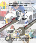 Image of mechanics using 12 Piece SAE Flex Head Ratcheting Wrench Set with chrome vanadium steel, showcasing flexible ratchet head.