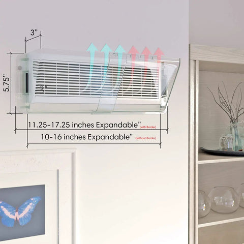 Adjustable Magnetic Air Vent Deflector For Ducts And Registers Stretch 10 To 16 Inches Fits Sidewall Ceiling And AC Vents Heavy-Duty No-Melt Plastic 10 Lb Pull Strength 2 Pack shown in room with airflow diagram