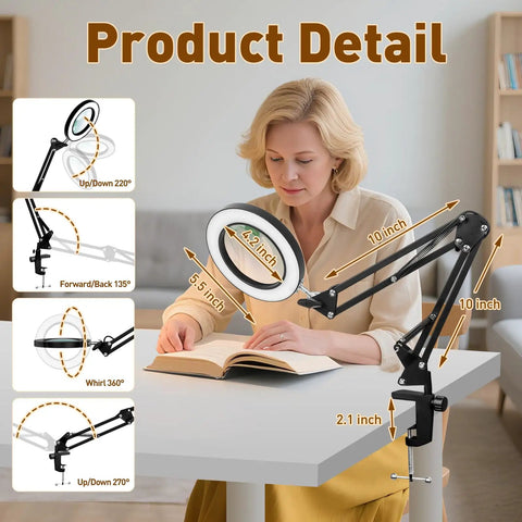 10X LED Magnifying Lamp With Clamp Real Glass Lens 3 Color Modes And Stepless Dimmable Desk Light for detailed tasks