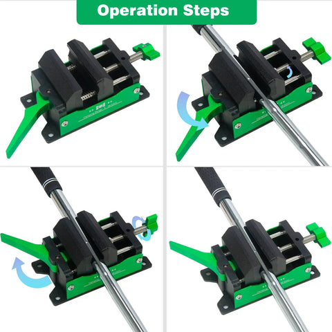 Golf Club Regripping Kit With Quick Release Vise Clamp For Grip Removal And Shaft Work Aluminum Golf Shaft Vise Clamp Heavy Duty Home Vise Clamp Tool Set in use, showing operation steps.