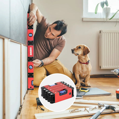 Man using Pro Grade 28 Inch Foldable Level Tool With 5 Section Design, Magnetic, Easy Read Bubble Vials for angles, with dog watching.