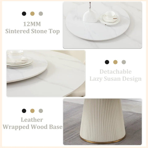 Top Shelf 7 Piece Round Marble Dining Table Set Featuring An Easy Glide Lazy Susan Turntable Accompanied By Six Comfy Cream White Upholstered Chairs, 12MM Sintered Stone Top.