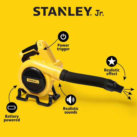 Battery Powered Kids Leaf Blower Toy For Outdoor Play with realistic features and sounds shown on a yellow background