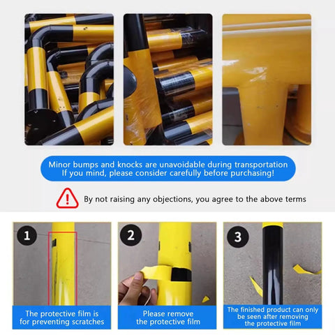 Heavy Duty U Shaped Guardrail Safety Barrier For Garages And Industrial Spaces Protect Walls And Cars With A Double Layer Anti Collision Bar Beefy Rugged Build Yellow With Black Stripe Industrial Grade Steel 150x60cm displayed with protective film.
