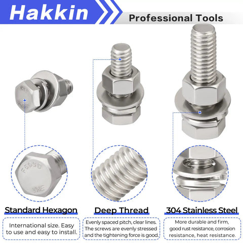 Beefy Hex Bolts And Nuts Kit 1/4-20, 5/16-18, 3/8-16 Stainless Steel 304 With Flat And Lock Washers, professional tool display.