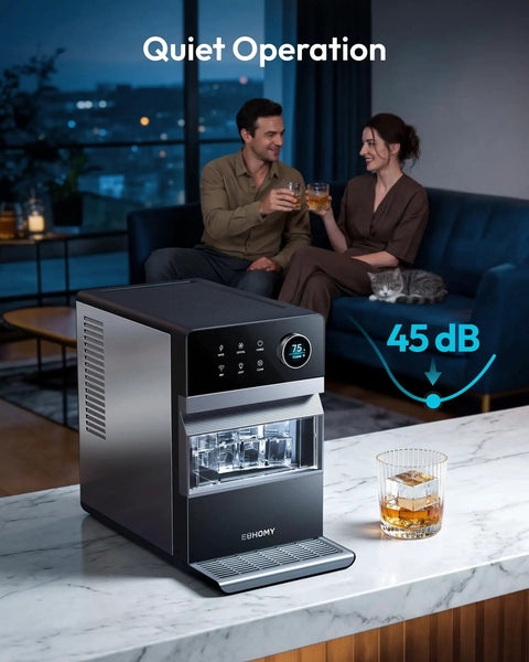 Top Counter Ice Cube Maker App Enabled Produces 110 Massive Two Inch Crystal Clear Daily Cubes For Your Home Bar with quiet operation.