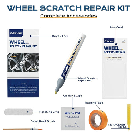 Wheel Scratch Repair Kit For Cars Rim Touch Up Paint Pen In Silver Curb Rash Repair with cleaning wipe, test card, and tools