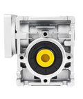 Front view of YIDOFENG NMRV030 worm gear reducer with square housing, 50:1 reduction, 14mm output shaft bore