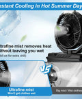 Outdoor Portable Misting Fan With 9L Water Tank And 20000mAh Battery Three Speed Wind And Three Spray Mister Built In Light 80 Degree Oscillation All Day Chill For Camping Garage Or Patio shown dispersing ultrafine mist