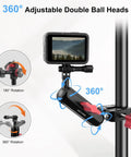 Image of Dope Camera Mount Clamp with Dual Ball Heads demonstrating 360-degree rotation on a pole with a mounted screen.